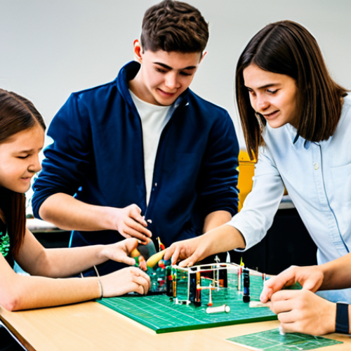 Home 11 A diverse group of young adults and teenagers, fully clothed in modest and appropriate casual attire, actively engaged in a collaborative, hands-on science project in a bright, modern educational workshop. They are focused on building a small, eco-friendly energy model, with some students meticulously assembling components, while others discuss a schematic on a tablet. The atmosphere is filled with curiosity and positive interaction. The workshop is well-lit and organized, with various tools and materials visible. Professional photography, high quality, perfect anatomy, correct proportions, natural body proportions, well-formed hands, proper finger count, natural pose, safe for work, appropriate content, fully clothed, family-friendly.