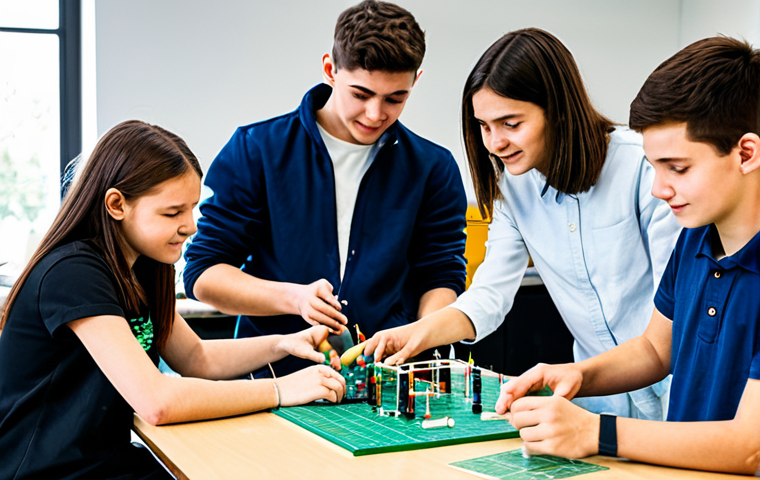 A diverse group of young adults and teenagers, fully clothed in modest and appropriate casual attire, actively engaged in a collaborative, hands-on science project in a bright, modern educational workshop. They are focused on building a small, eco-friendly energy model, with some students meticulously assembling components, while others discuss a schematic on a tablet. The atmosphere is filled with curiosity and positive interaction. The workshop is well-lit and organized, with various tools and materials visible. Professional photography, high quality, perfect anatomy, correct proportions, natural body proportions, well-formed hands, proper finger count, natural pose, safe for work, appropriate content, fully clothed, family-friendly.
