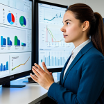 A professional educational data analyst, fully clothed in a modest business suit, observing complex interactive data visualizations on large transparent screens in a modern, brightly lit tech office. The screens display various charts, graphs, and flow diagrams representing student engagement and performance metrics. The analyst has a focused, thoughtful expression, hands resting naturally on a sleek desk. fully clothed, modest clothing, appropriate attire, professional dress, safe for work, appropriate content, professional, perfect anatomy, correct proportions, natural pose, well-formed hands, proper finger count, natural body proportions, high quality, studio lighting, detailed, ultra-realistic.