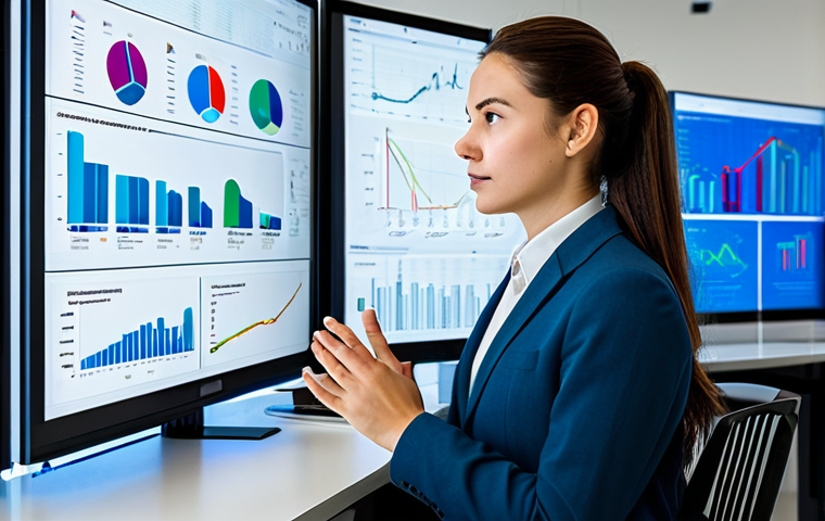 A professional educational data analyst, fully clothed in a modest business suit, observing complex interactive data visualizations on large transparent screens in a modern, brightly lit tech office. The screens display various charts, graphs, and flow diagrams representing student engagement and performance metrics. The analyst has a focused, thoughtful expression, hands resting naturally on a sleek desk. fully clothed, modest clothing, appropriate attire, professional dress, safe for work, appropriate content, professional, perfect anatomy, correct proportions, natural pose, well-formed hands, proper finger count, natural body proportions, high quality, studio lighting, detailed, ultra-realistic.