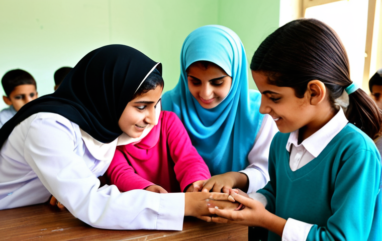 실험적 학습과 STEAM 교육의 시너지 - Practical Learning in Action**
"A group of Arab children fully clothed in modest, colorful clothing...