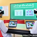 Home 22 실험적 학습과 인공지능의 융합 가능성 - A modern classroom scene in a Middle Eastern school, featuring Arab students engaged with augmented ...