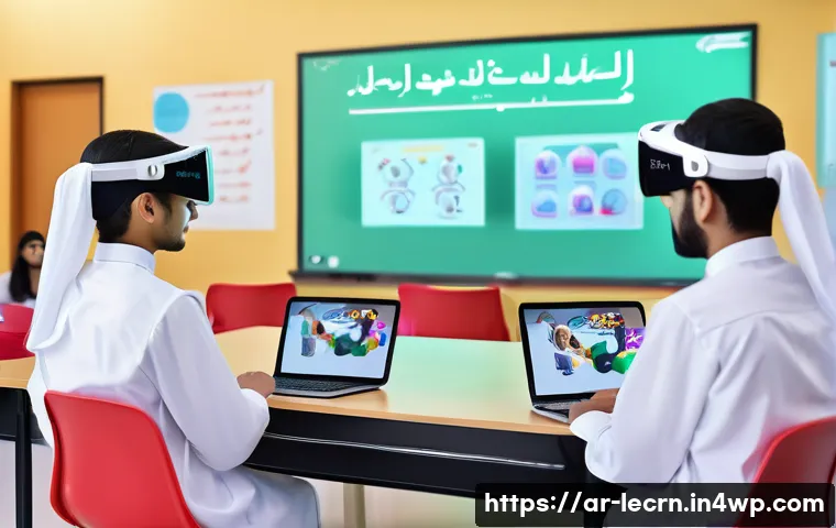 실험적 학습과 인공지능의 융합 가능성 - A modern classroom scene in a Middle Eastern school, featuring Arab students engaged with augmented ...