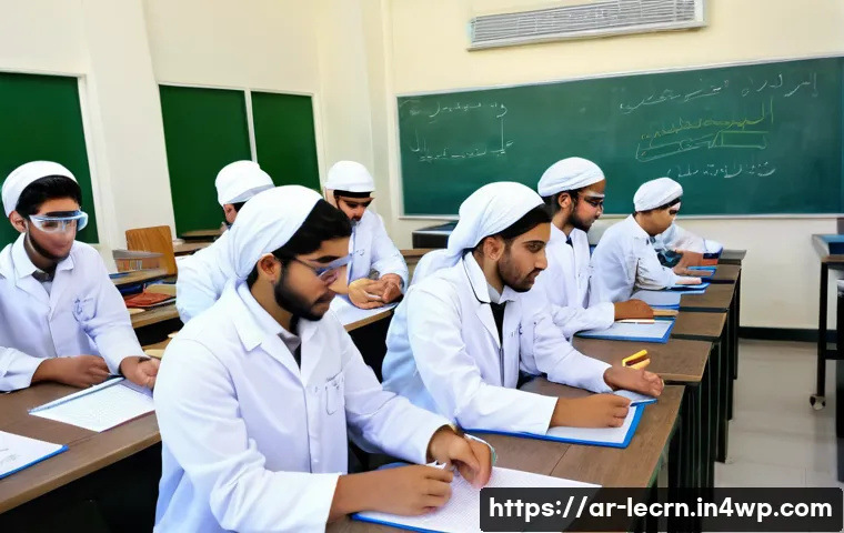 실험적 학습의 실용적 적용을 위한 가이드 - A modern classroom setting in a Middle Eastern school, showing diverse Arab students actively engage...