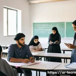 Home 20 실험적 학습 경험을 통한 자기 주도 학습 증진 - A diverse group of Arab students in a modern classroom engaged in a collaborative problem-solving wo...