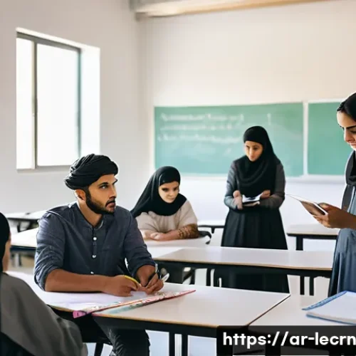 Home 32 실험적 학습 경험을 통한 자기 주도 학습 증진 - A diverse group of Arab students in a modern classroom engaged in a collaborative problem-solving wo...