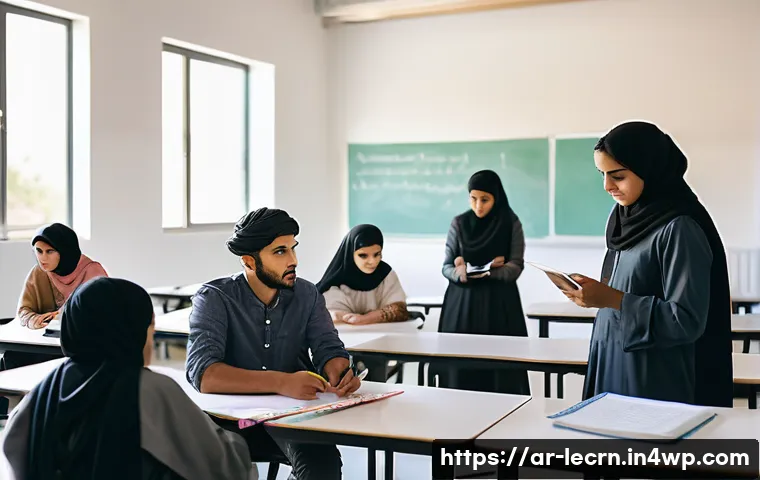 실험적 학습 경험을 통한 자기 주도 학습 증진 - A diverse group of Arab students in a modern classroom engaged in a collaborative problem-solving wo...