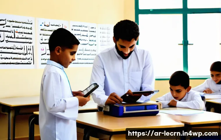 실험적 학습을 위한 적합한 평가 도구 선정 - A modern classroom scene in an Arabic school setting where diverse students actively engage in hands...